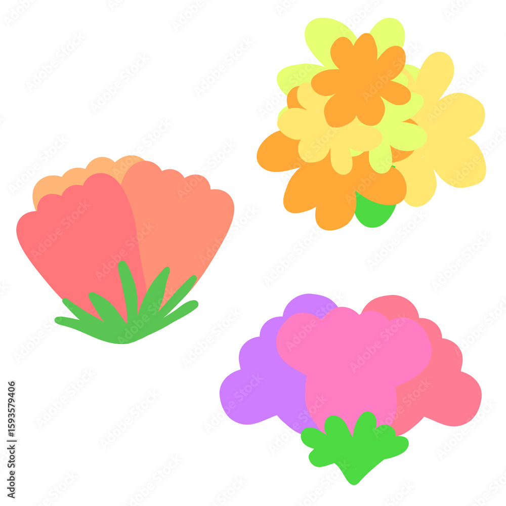 Floral Trio Bright and cheerful cartoon flowers with a vibrant palette ideal for design elements, emphasizing simplicity and playful aesthetic. Floral Trio Bright and cheerful cartoon flowers with a vibrant palette ideal for design elements, emphasizing simplicity and playful aesthetic.