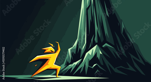 Abstract Figure Reaching for Light in a Dark, Rocky Landscape