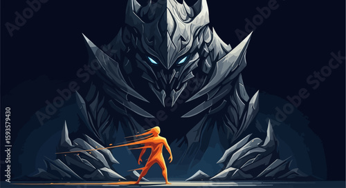 Epic Showdown: Figure Facing a Colossal Monster