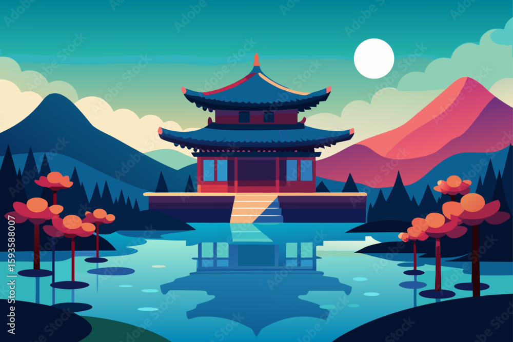 Obraz premium Serene asian pagoda reflected in calm water under a full moon