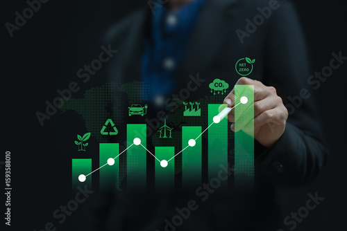 Green business, Net zero and carbon emission reduction target concept, Businesswomen analyse investment in environmental protection, Responsibility, Sustainable environment, Green energy, Recycle