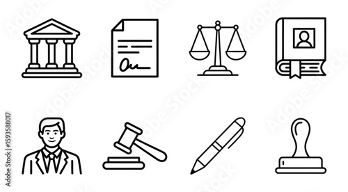 Legal and Justice System Line Icons: Law, Court, Attorney, and Document Symbols
