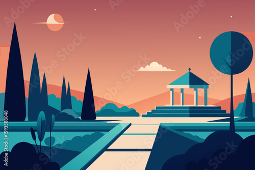 Serene sunset over a geometric garden with gazebo