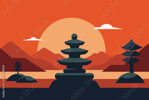 Serene sunset over pagodas and mountains