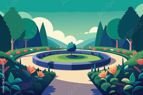 Stylized garden with circular pond and floral accents