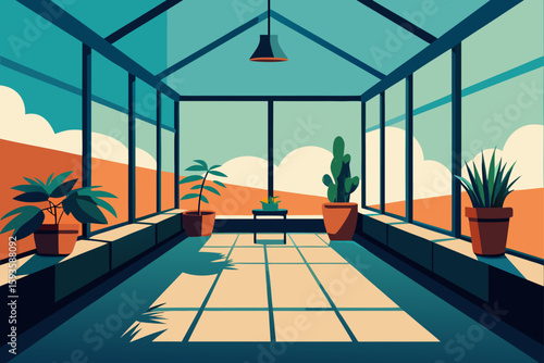 Sunlit greenhouse interior with potted plants and geometric shadows
