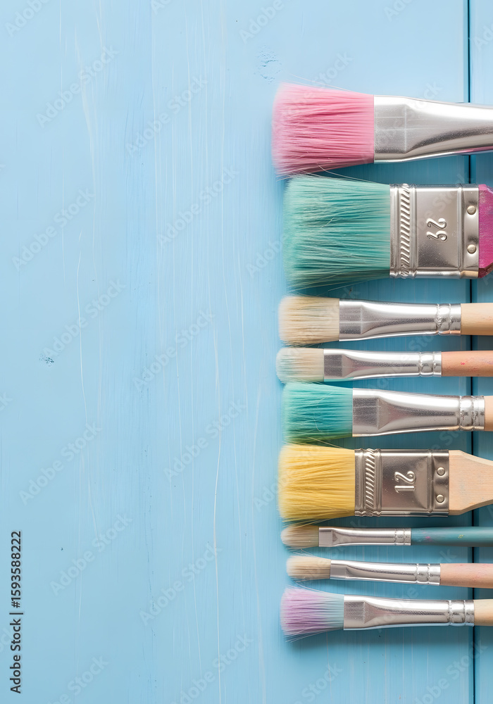 Fototapeta premium A collection of paintbrushes with various bristle colors arranged neatly on a light blue wooden surface.