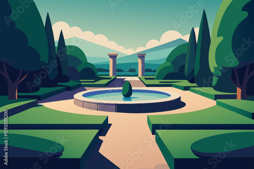 Serene garden landscape with fountain and classical pillars