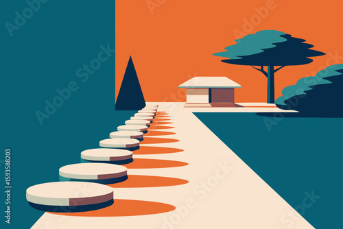 Minimalist garden path with stepping stones and small structure