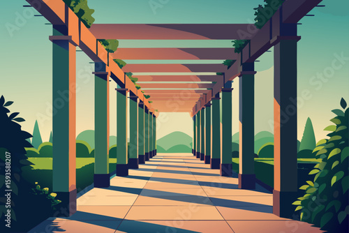 Sunlit pergola walkway with lush greenery and rolling hills