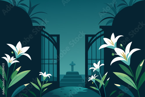 Serene cemetery entrance with white lilies and a distant cross