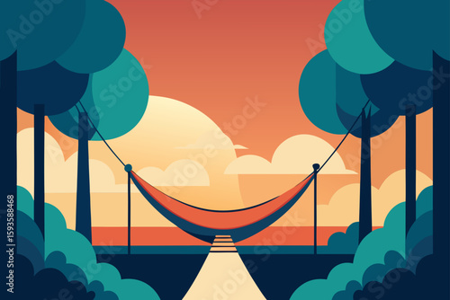 Tranquil hammock scene at sunset with stylized trees and clouds
