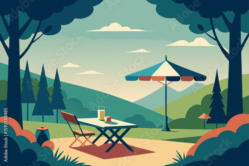 Scenic outdoor seating area with table umbrella and drinks