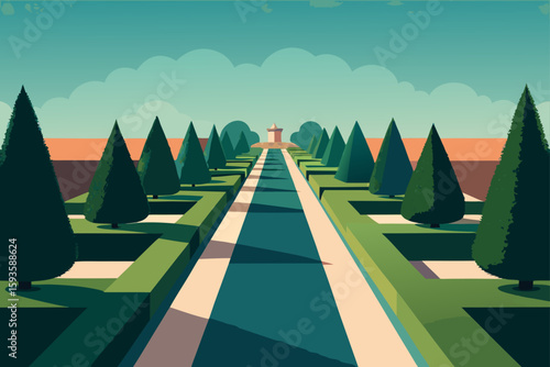 Stylized formal garden with a central path and tall trees