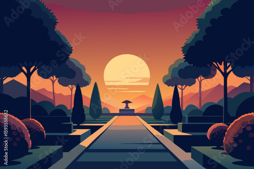 Serene garden path at sunset with mountain backdrop