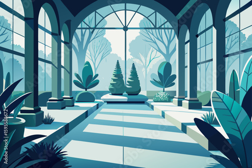 Serene conservatory with geometric plants and arched windows
