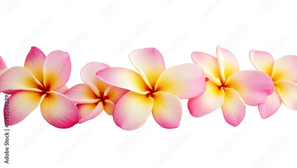 Obraz premium Pink and yellow plumeria blossoms, arranged in a horizontal row