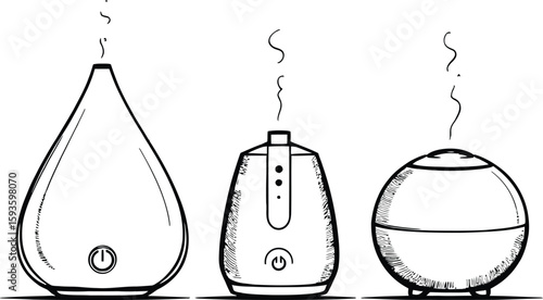 Three sketched essential oil diffusers in different shapes emitting vapor on a white background