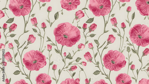 A repeating pattern of pink poppies and buds on a cream background.  The floral design is delicate and reminiscent of vintage botanical illustrations.