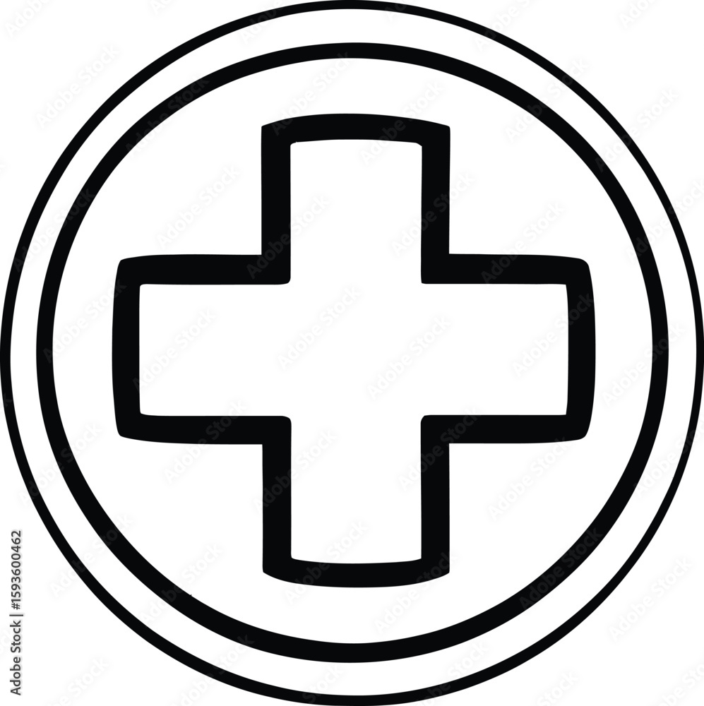 Obraz premium A simple black and white drawing of a medical cross inside of a double lined circle design element