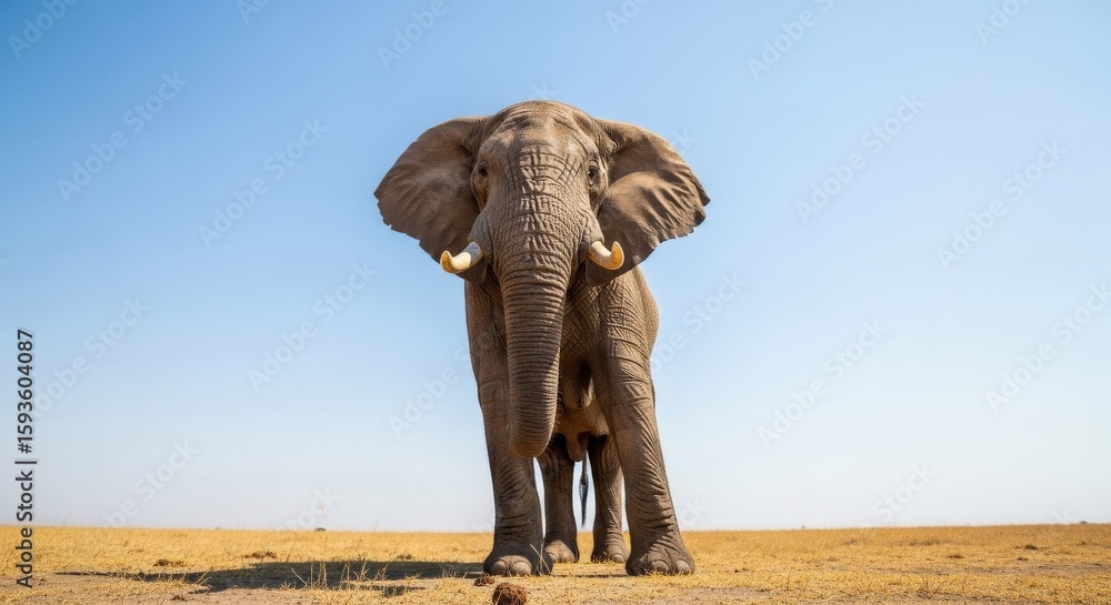 Fototapeta premium Majestic African elephant standing in a vast, dry savanna under a clear blue sky.