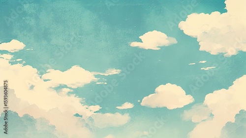 Light blue sky with white clouds in a halftone print style, featuring a vintage-inspired simple background, grainy texture, and slightly blurry details for a cute, cartoonish design.