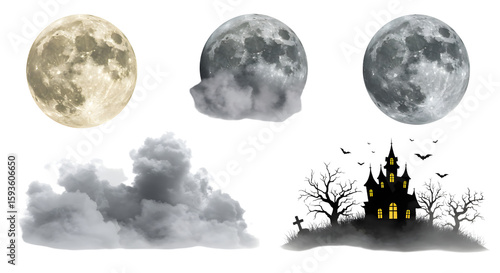 Fototapeta Naklejka Na Ścianę i Meble -  A collection of moon phases with clouds and a haunted house silhouette, creating a spooky night atmosphere