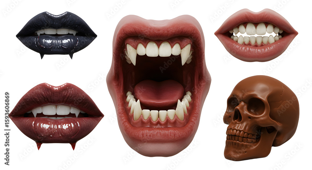 A collection of stylized mouth and lip models showcasing various expressions, with a skull accentuating the theme of anatomy A collection of stylized mouth and lip models showcasing various expressions, with a skull accentuating the theme of anatomy