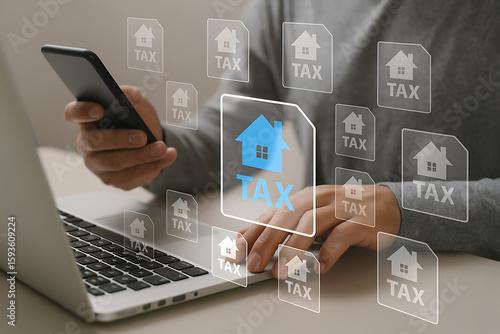 Digital tax filing interface showing property document form and mobile device system for submitting online declaration through smart housing finance technology platform and app
