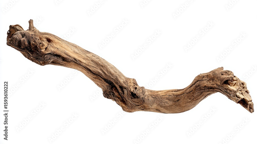 Isolated weathered driftwood branch with unique texture and shape against a clean white background for design elements Isolated weathered driftwood branch with unique texture and shape against a clean white background for design elements