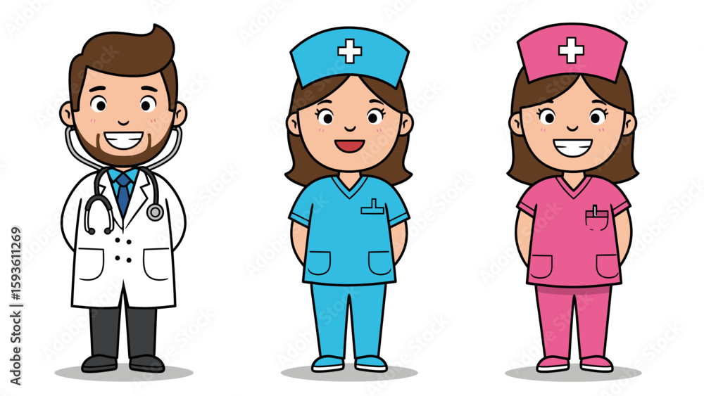 Naklejka premium Cartoon Doctor and Nurses: Healthcare Professionals Illustration