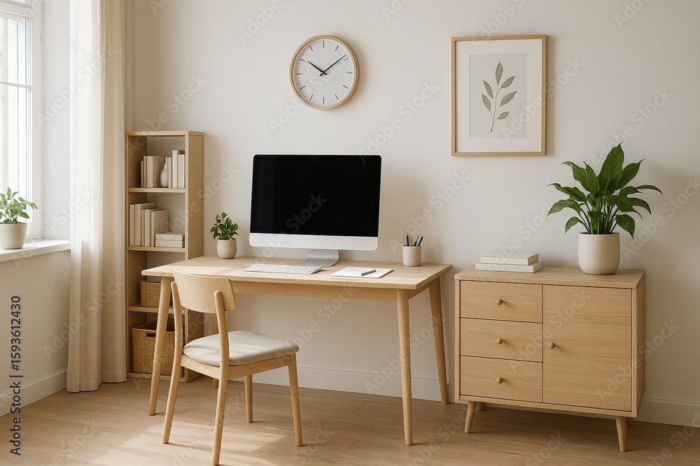 Fototapeta premium Scandinavian Office Setup with Simple Chic Decor and Plants