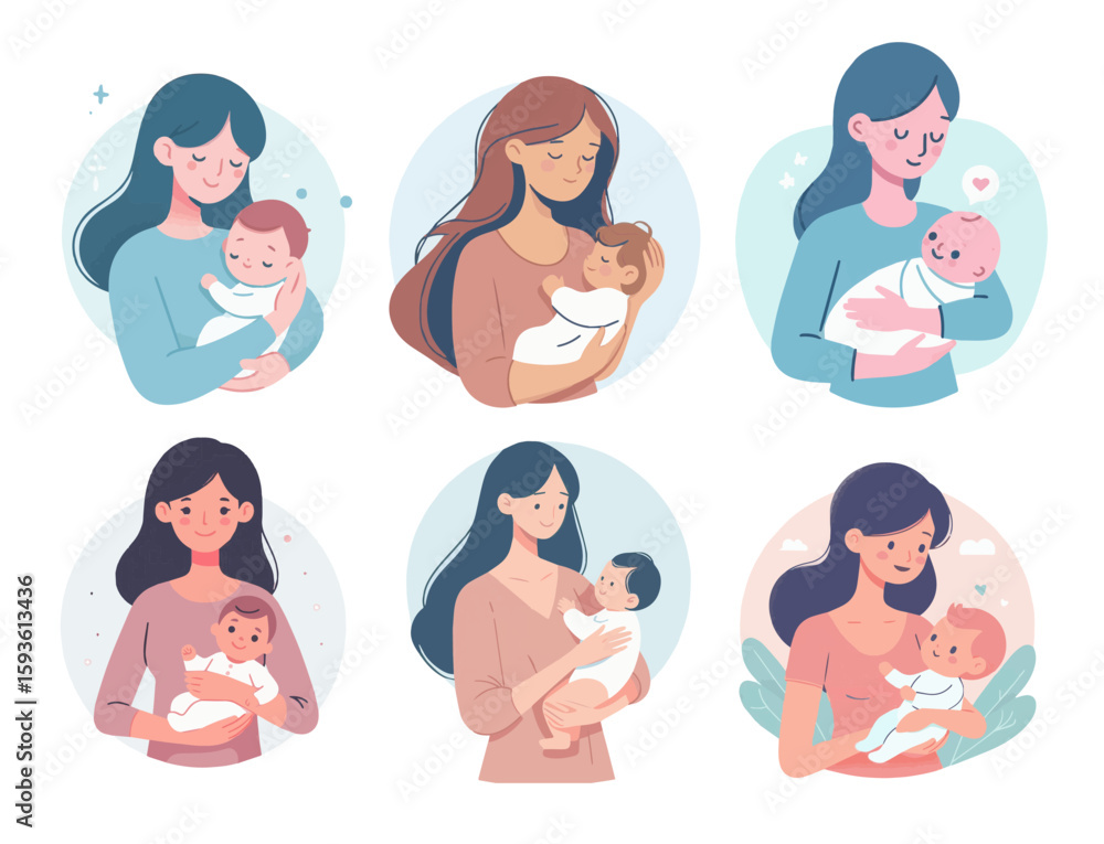 Set of Loving Mom with Newborn Style Flat Design Vector White Background Set of Loving Mom with Newborn Style Flat Design Vector White Background