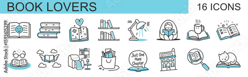 A set of 16 linear icons celebrating book lovers, reading, and literacy, featuring books, readers, and cozy reading elements in a modern blue and gray palette. Ideal for libraries, blogs, and print.
