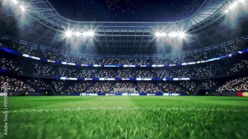 4K seamless loop of a packed sports stadium with vibrant crowd, illuminated grass field, and bright spotlights. Energetic and dynamic atmosphere for sports video backgrounds.