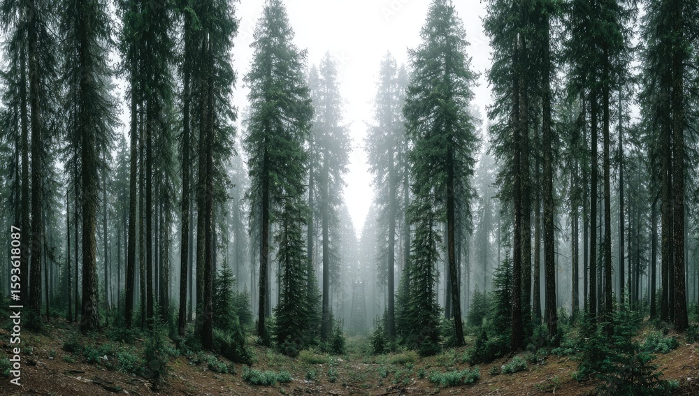 Fototapeta premium Misty forest scene. Tall, slender trees form a dense, symmetrical pathway