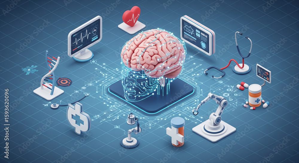 custom made wallpaper toronto digitalFuturistic Brain and Medical Technology – Isometric 3D Illustration of AI in Healthcare Innovation