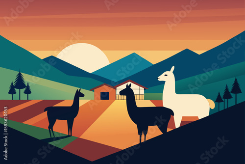 Stylized llamas and modern architecture at sunset