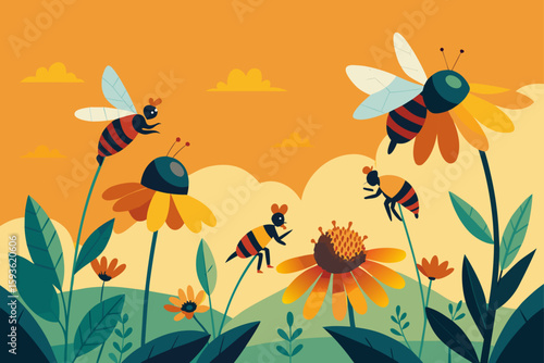People gardening with a bee and flowers