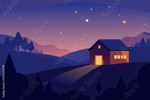 Cozy barn in a starry twilight landscape