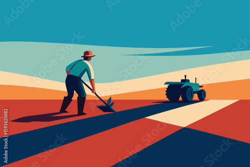 Farmer tilling field with tiller under warm sunset sky