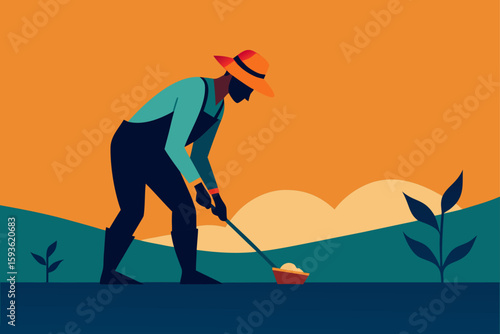 Farmer working the land with a hoe under a dark blue sky