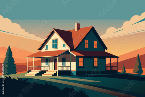 Cozy house on a hillside at sunset