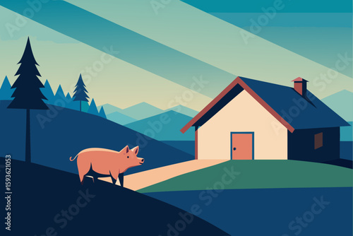 Pig and barn in a rural landscape with mountains and trees