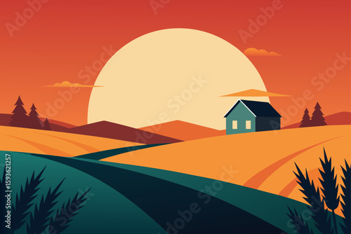 Minimalist farmhouse at sunset over rolling hills and wheat field