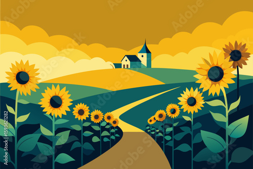 Sunny farmhouse with sunflowers and winding road