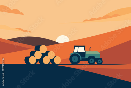Tractor in a field with hay bales and rolling hills at sunset