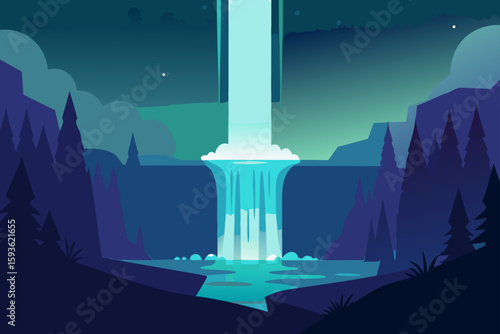 Serene night waterfall in a mountainous landscape