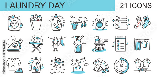 A set of 21 playful linear icons in blue and gray, showing laundry tasks and tools—from washing to drying and ironing. Ideal for cleaning guides, home apps, infographics, and chore charts.