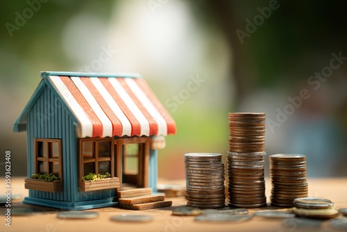 A small stripedawning store model sits beside stacks of coins on a wooden surface against a blurred outdoor background